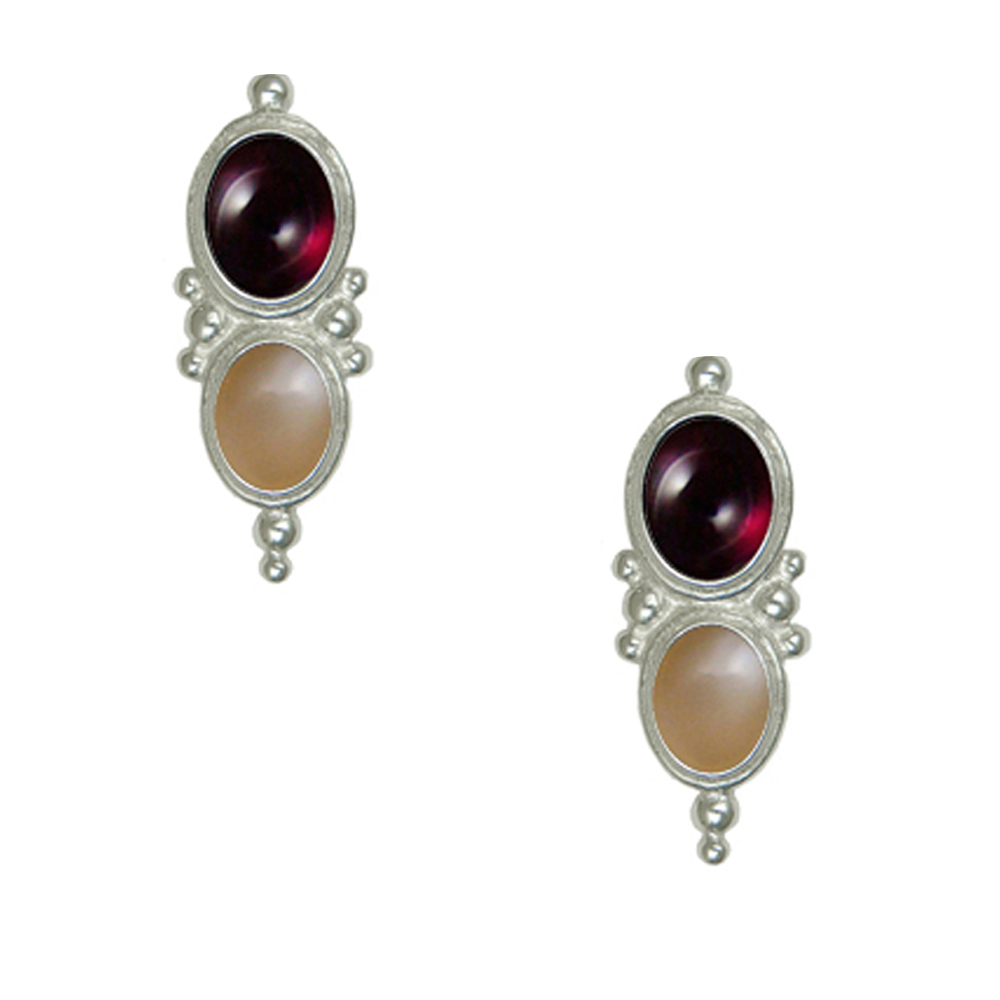 Sterling Silver Drop Dangle Earrings With Garnet And Peach Moonstone